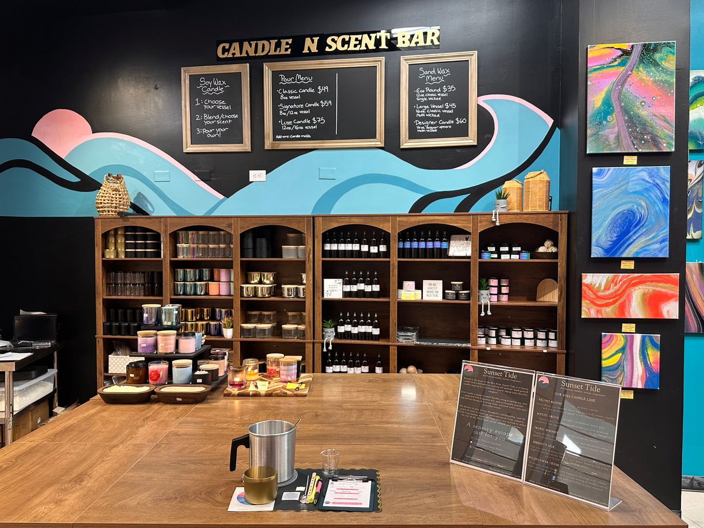 Sunset Tide Candle and Scent Bar with coastal mural at Makers Art Studio Pleasanton